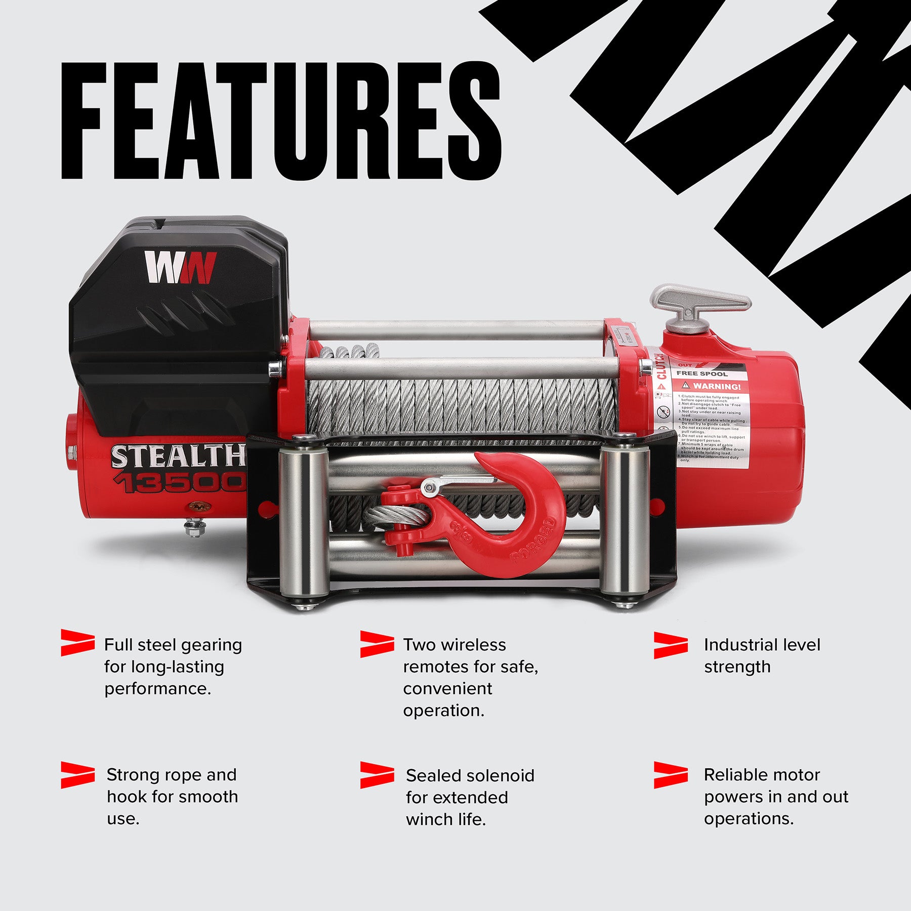 Stealth 13,500lb Electric Winch - 12v Steel Rope