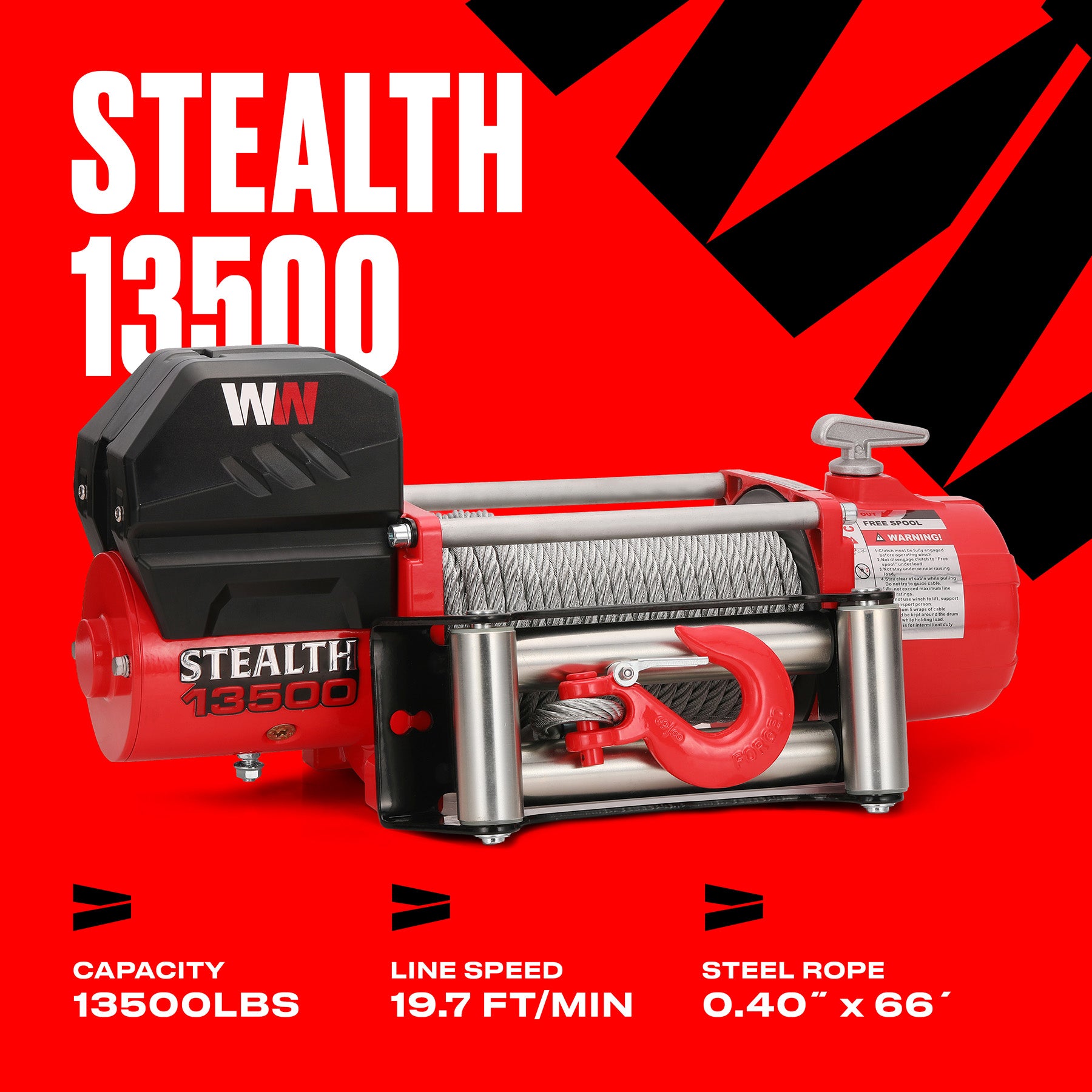 Stealth 13,500lb Electric Winch - 12v Steel Rope