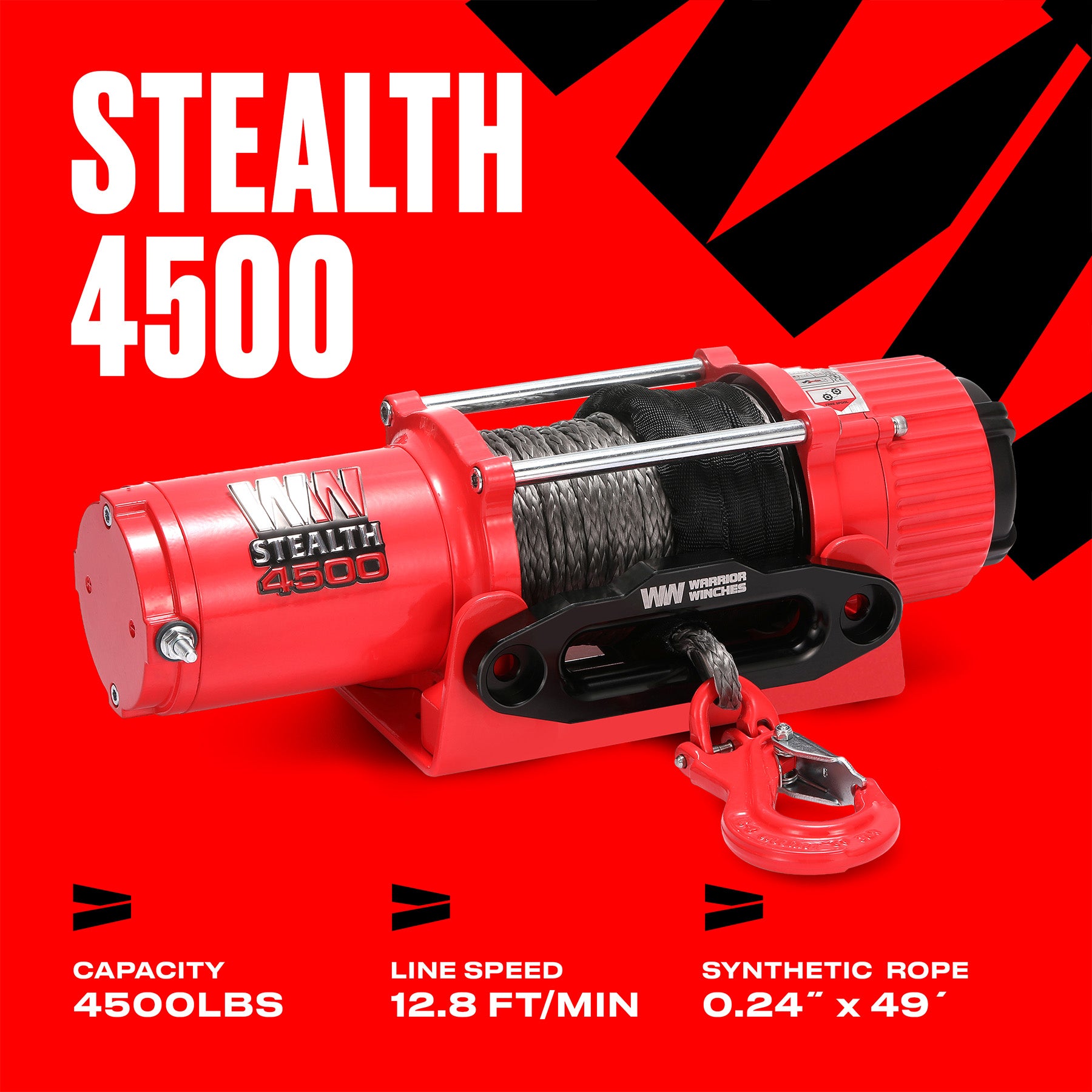 Stealth 4,500lb Electric Winch - 12v Synthetic Rope