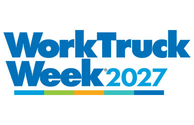 Logo for WorkTruck Week 2027 with blue text and multicolor horizontal bars on a white background.