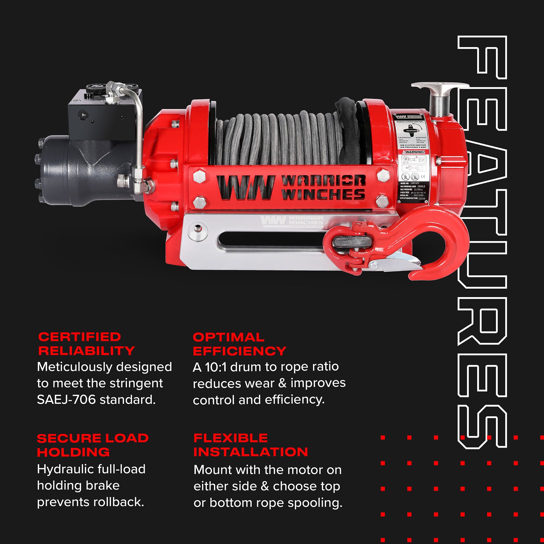 RV10 10,000lb (4.5 Ton) Industrial Hydraulic Winch - Synthetic Rope - Warrior Winches USA