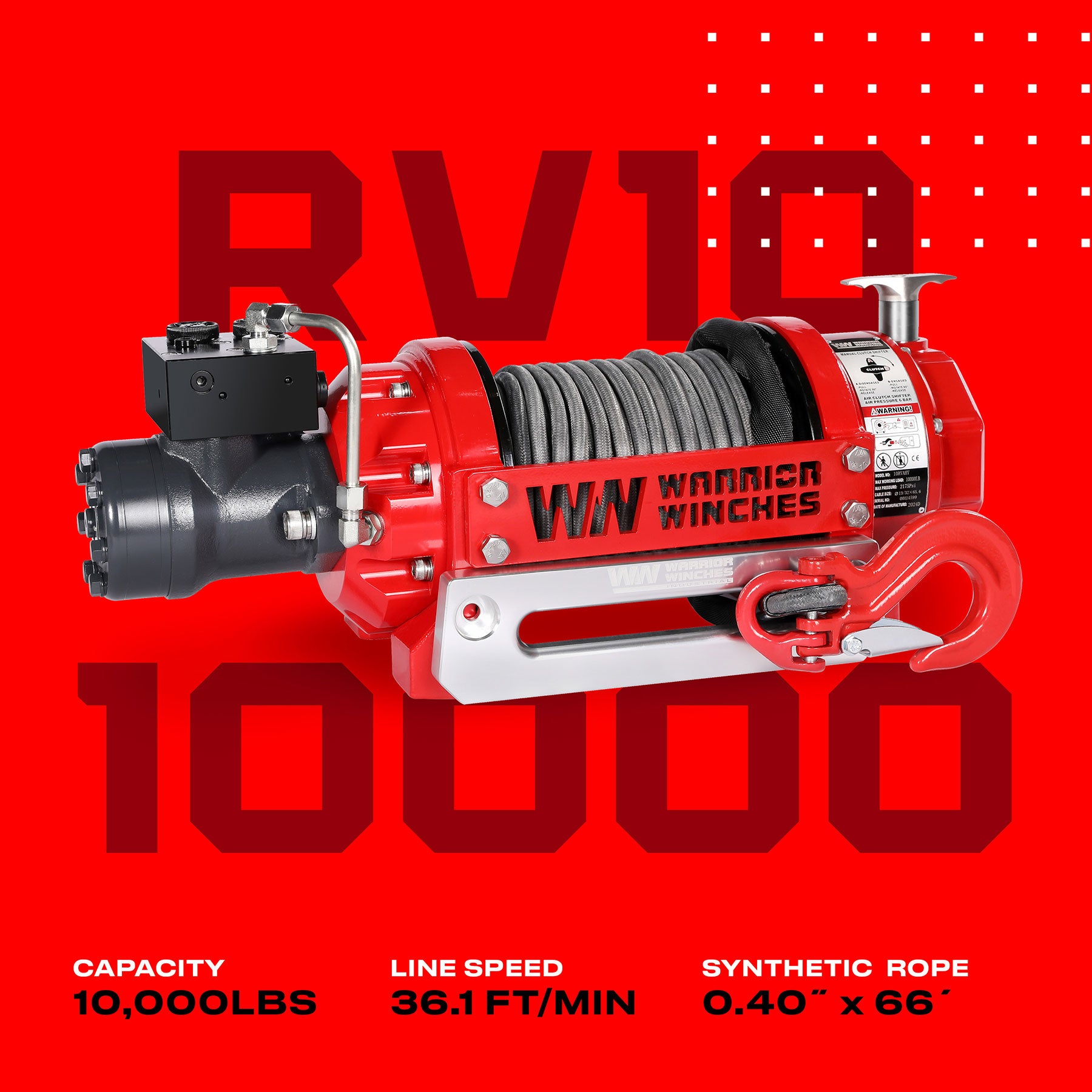 RV10 10,000lb (4.5 Ton) Industrial Hydraulic Winch - Synthetic Rope - Warrior Winches USA