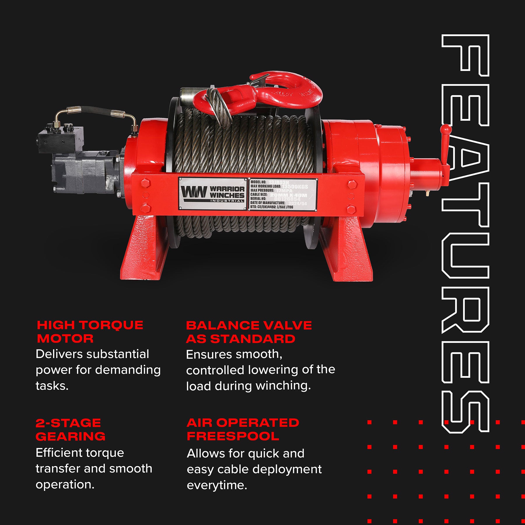JR13 29,700lb (13.5 Ton) Industrial Hydraulic Winch - Steel Rope