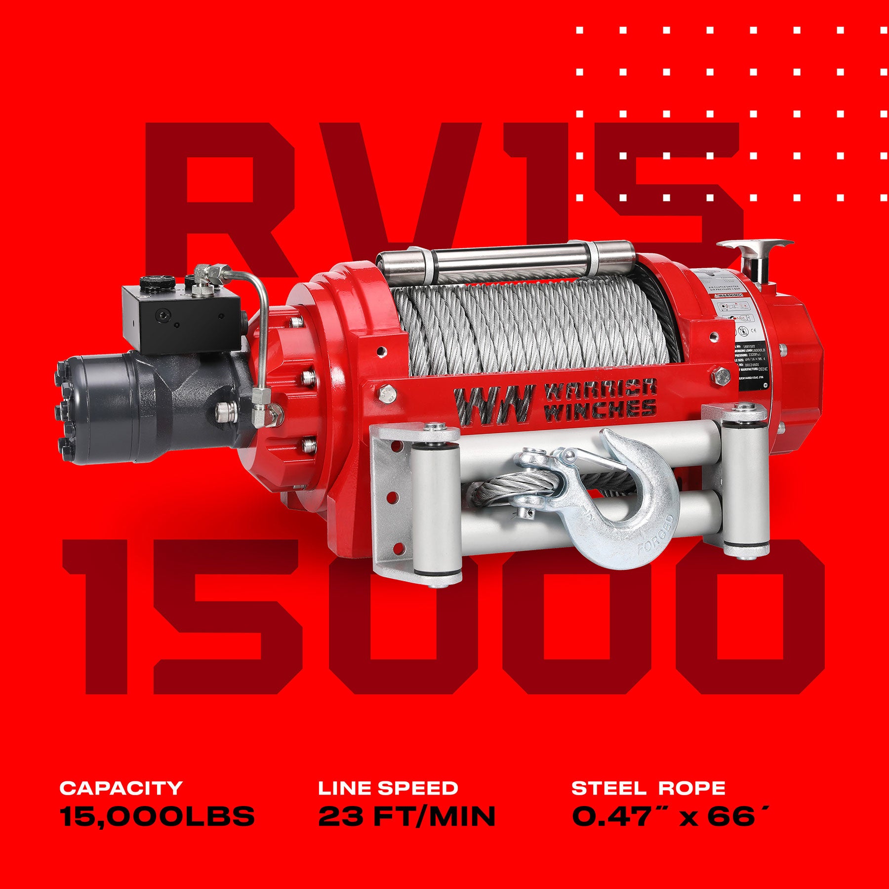 RV15 15,000lb (6.8 Ton) Industrial Hydraulic Winch - Steel Rope