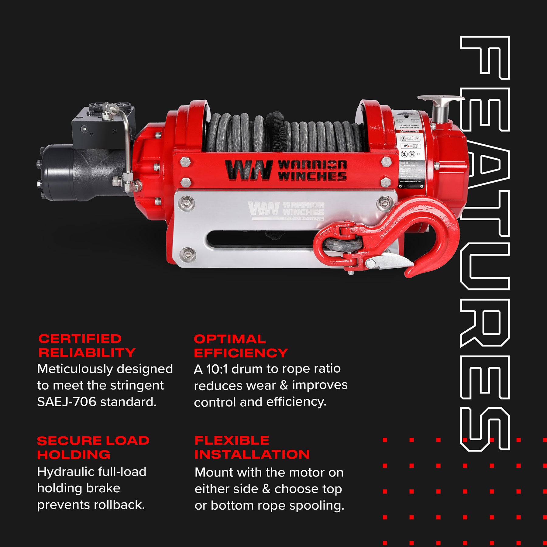 RV18 18,000lb (8.1 Ton) Industrial Hydraulic Winch - Synthetic Rope - Warrior Winches USA