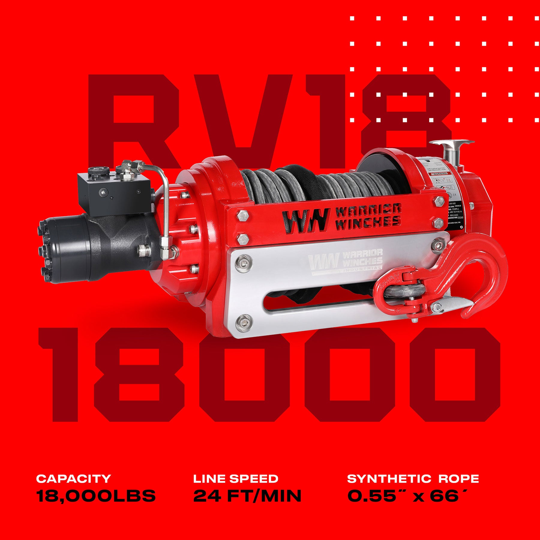 RV18 18,000lb (8.1 Ton) Industrial Hydraulic Winch - Synthetic Rope - Warrior Winches USA