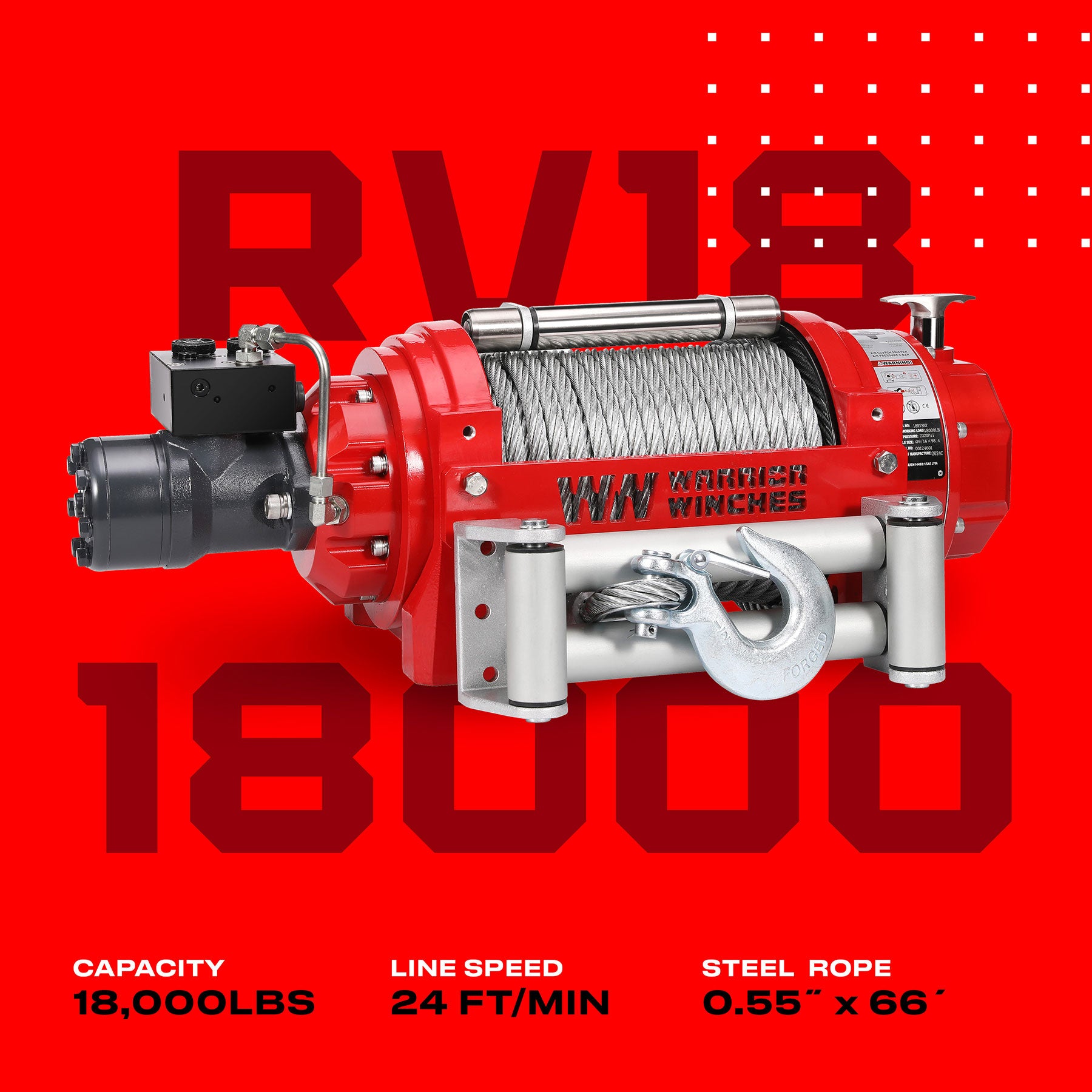 RV18 18,000lb (8.1 Ton) Industrial Hydraulic Winch - Steel Rope