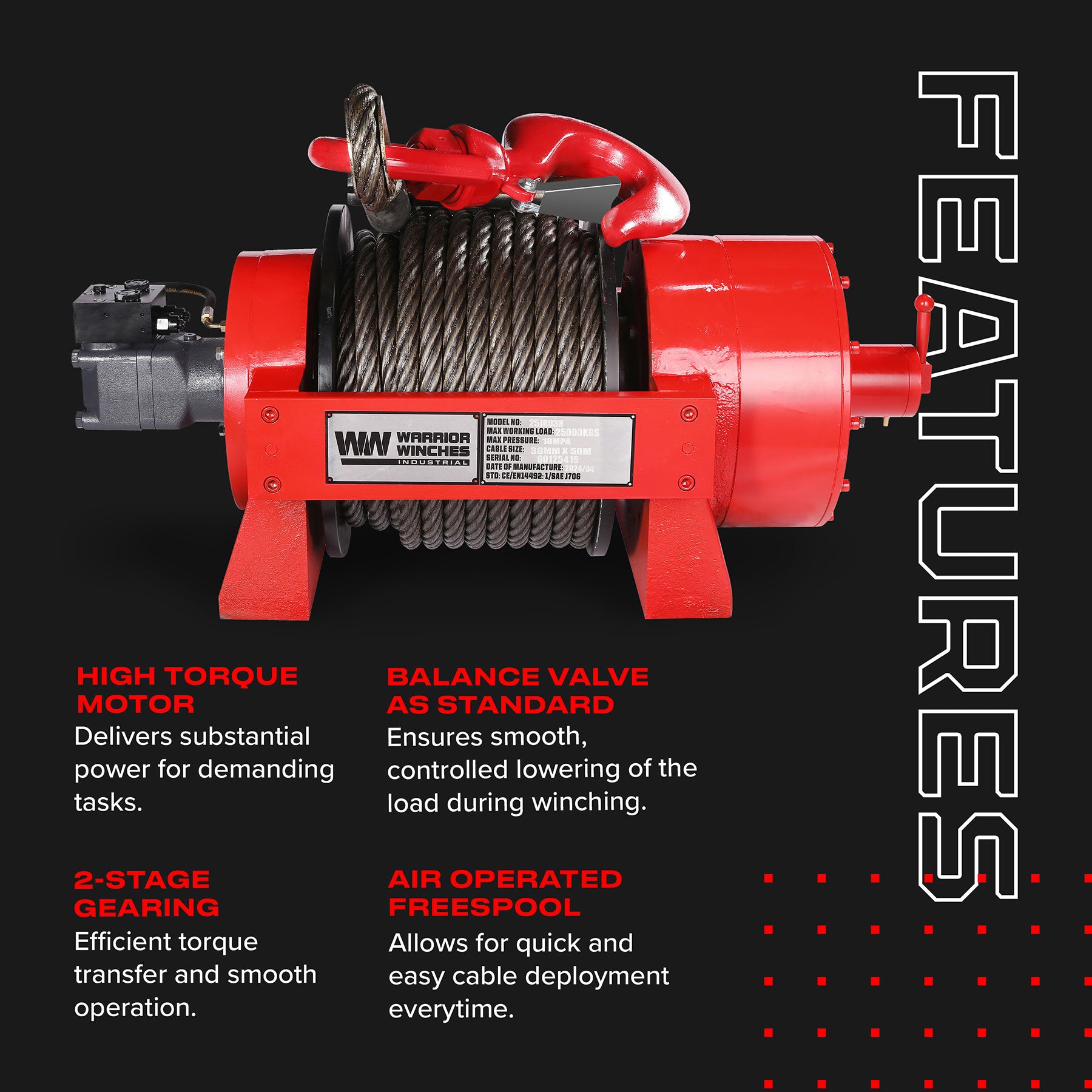 JR25 55,000lb (25 Ton) Industrial Hydraulic Winch - Steel Rope