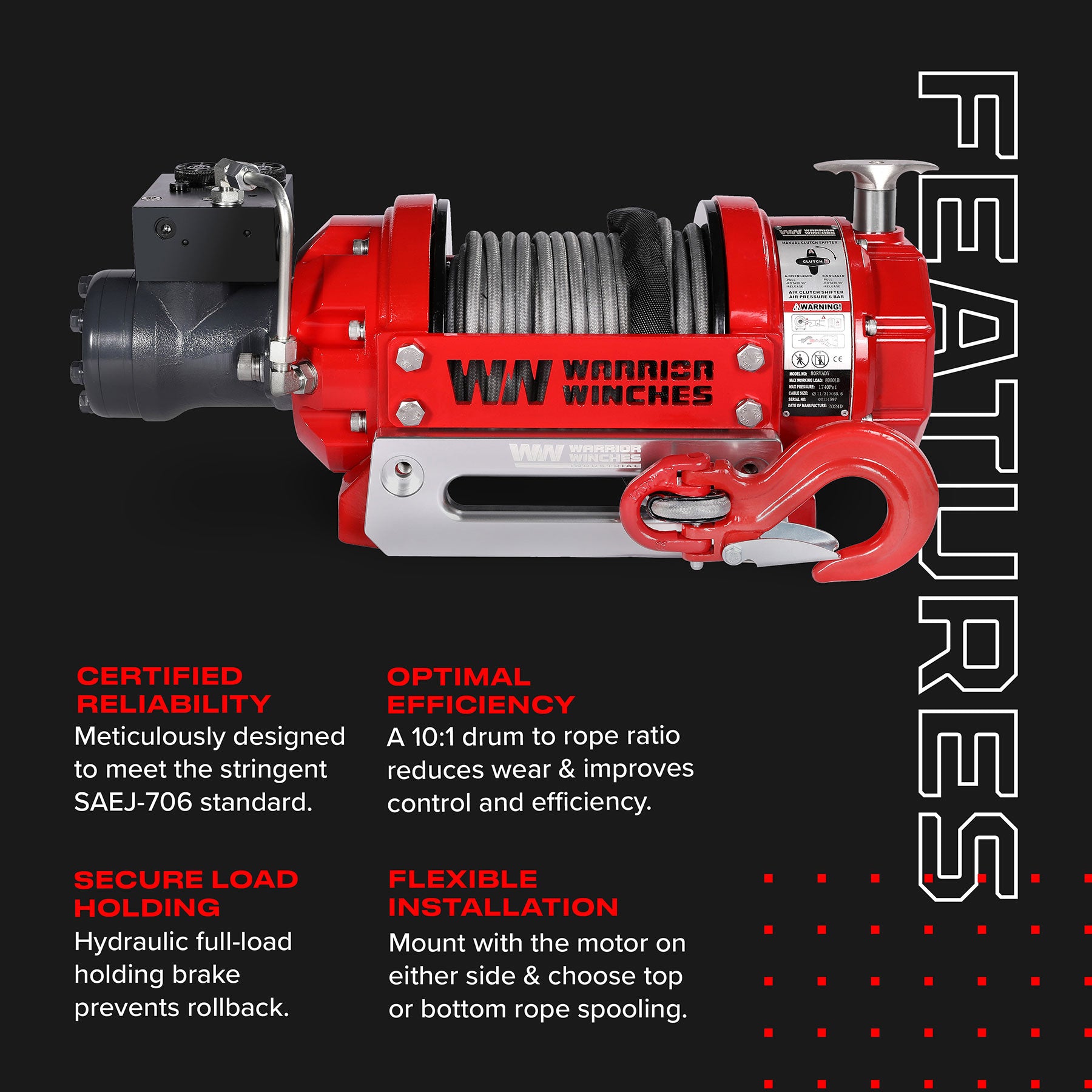 RV8 8,000lb (3.6 Ton) Hydraulic Short Drum Winch - Synthetic Rope - Warrior Winches USA