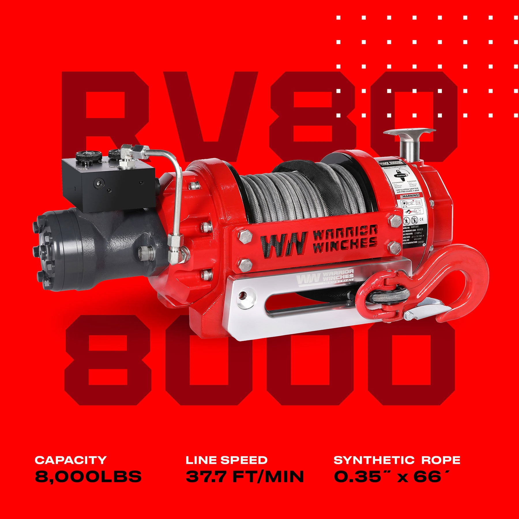RV8 8,000lb (3.6 Ton) Hydraulic Short Drum Winch - Synthetic Rope - Warrior Winches USA