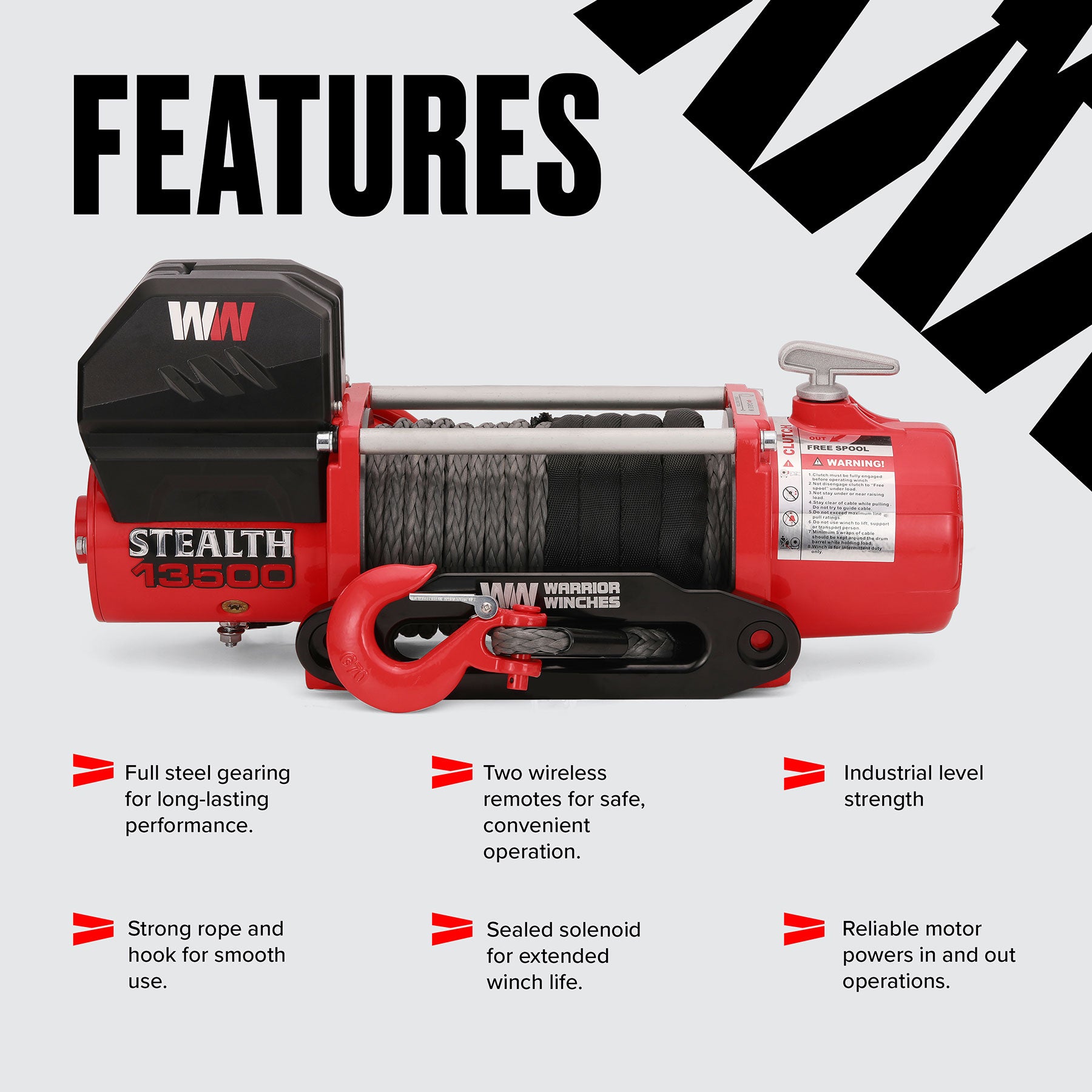 Stealth 13,500lb 12v Electric Winch - Synthetic Rope