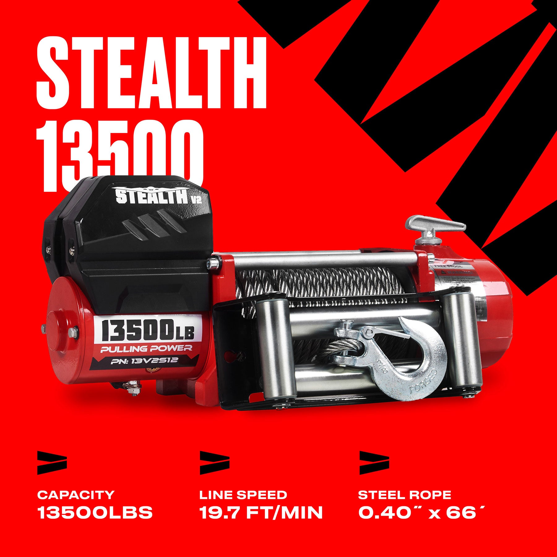 Stealth 13,500lb 12v Electric Winch - Steel Rope