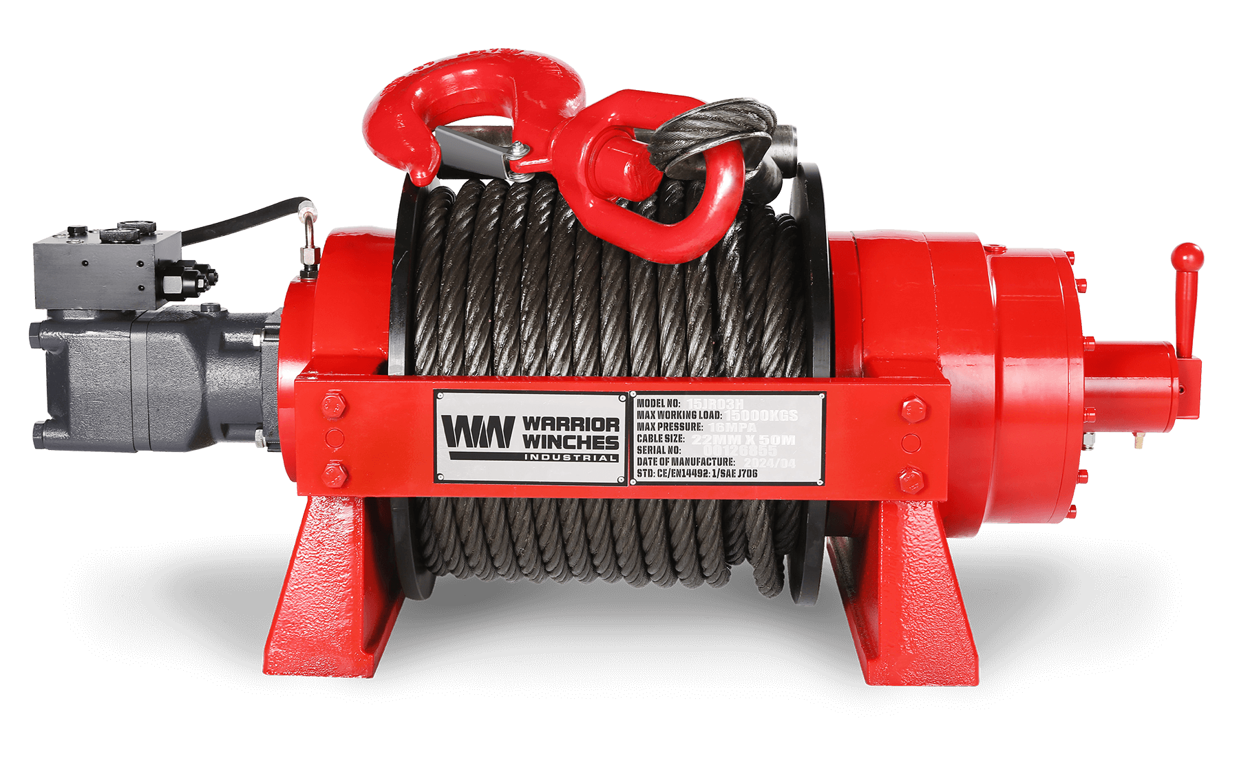 JR15 33,000lb (15 Ton) Industrial Hydraulic Winch - Steel Rope