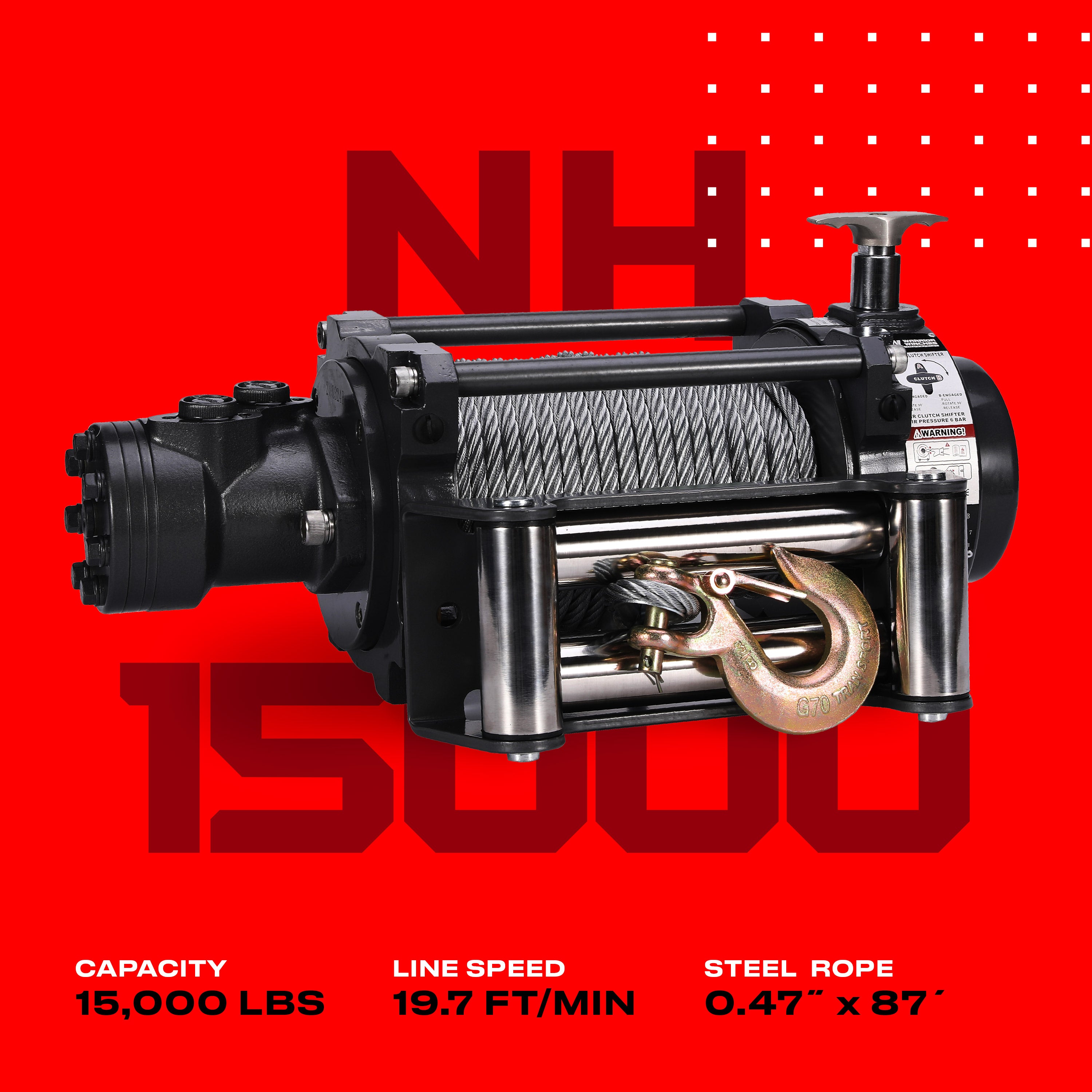 NH 15,000lb Industrial Hydraulic Winch - Steel Rope