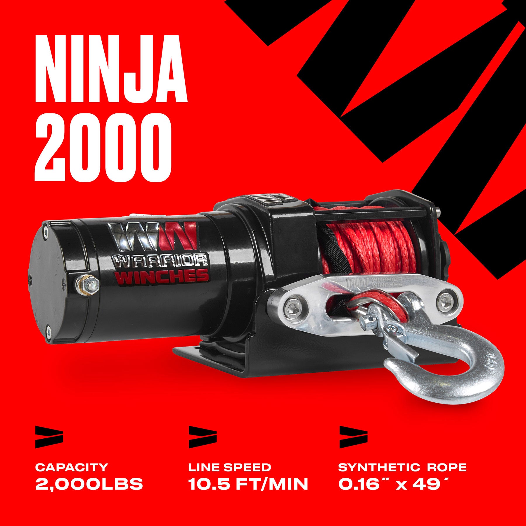 Ninja 2,000lb 12v Electric Winch - Synthetic Rope - Warrior Winches USA