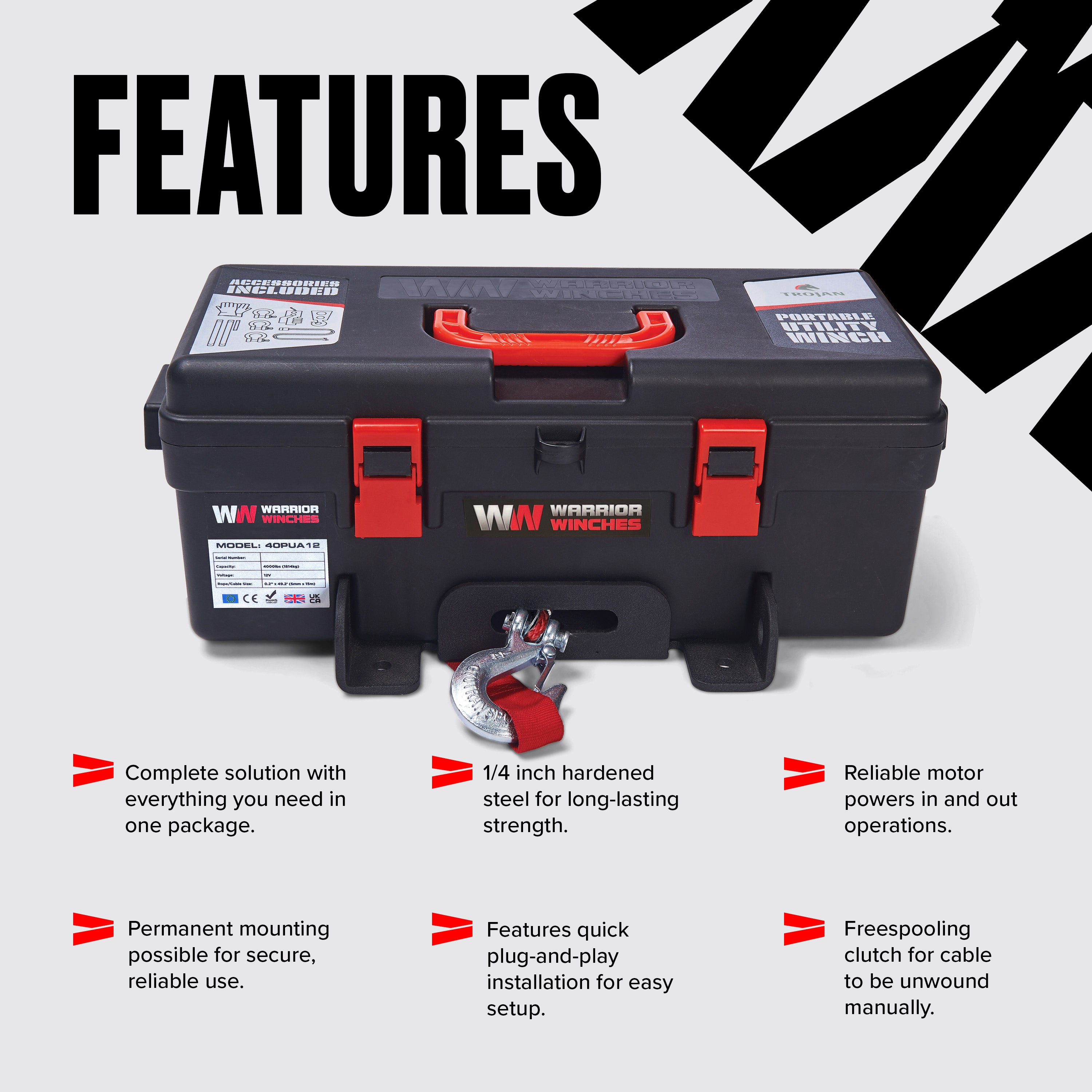 Trojan 4,000lb 12v Portable Utility Winch - Synthetic Rope