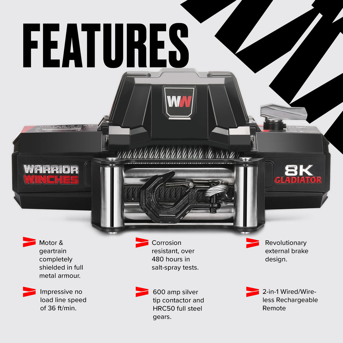 Gladiator V2 F-Type 8,000 Electric Winch - 12v Steel Rope
