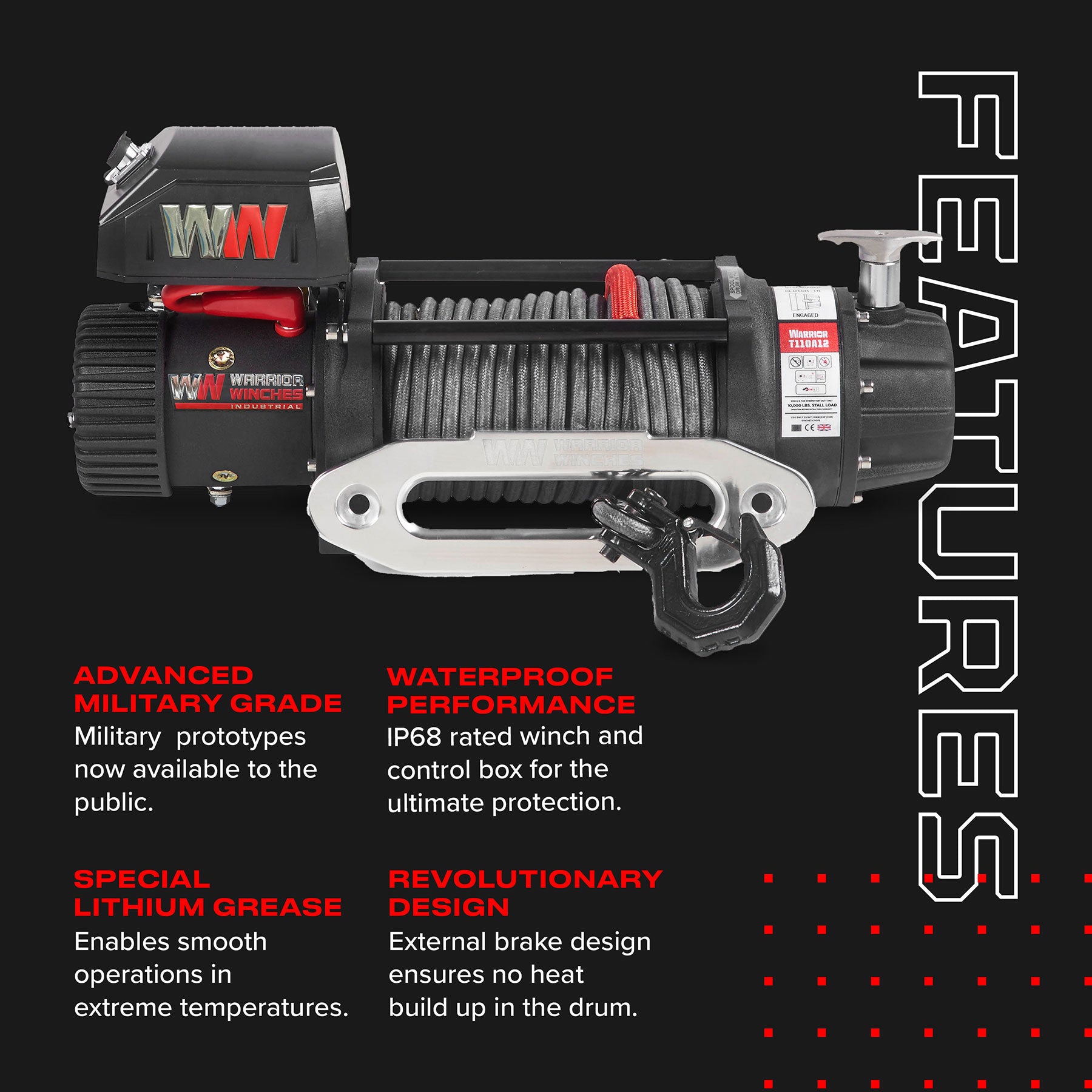 T1000 14500lb Electric Winch - 12v Synthetic Rope - Warrior Winches USA