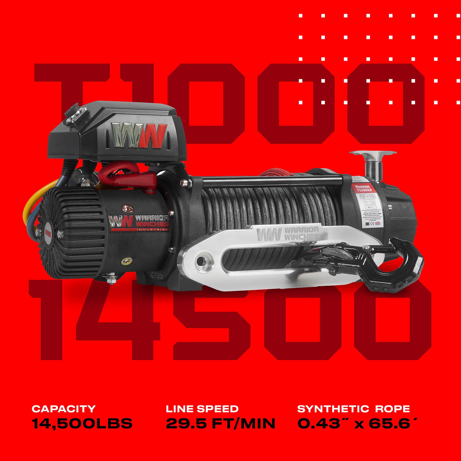 T1000 14500lb Electric Winch - 12v Synthetic Rope - Warrior Winches USA