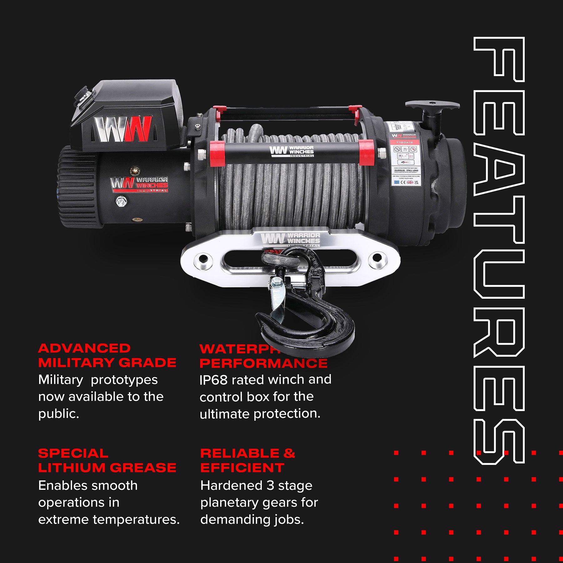 T1000 20000lb Electric Winch - 12v Synthetic Rope - Warrior Winches USA