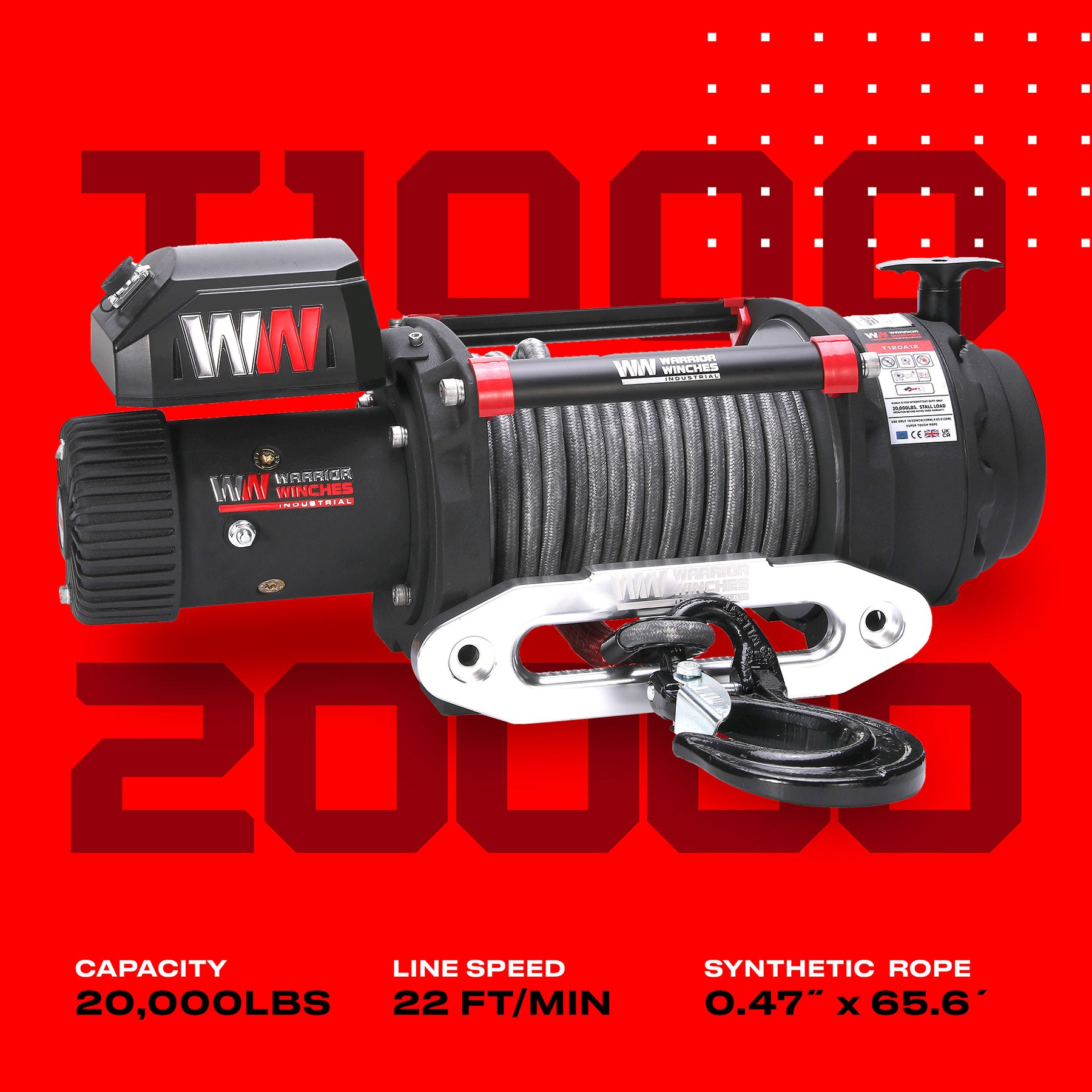 T1000 20000lb Electric Winch - 12v Synthetic Rope - Warrior Winches USA