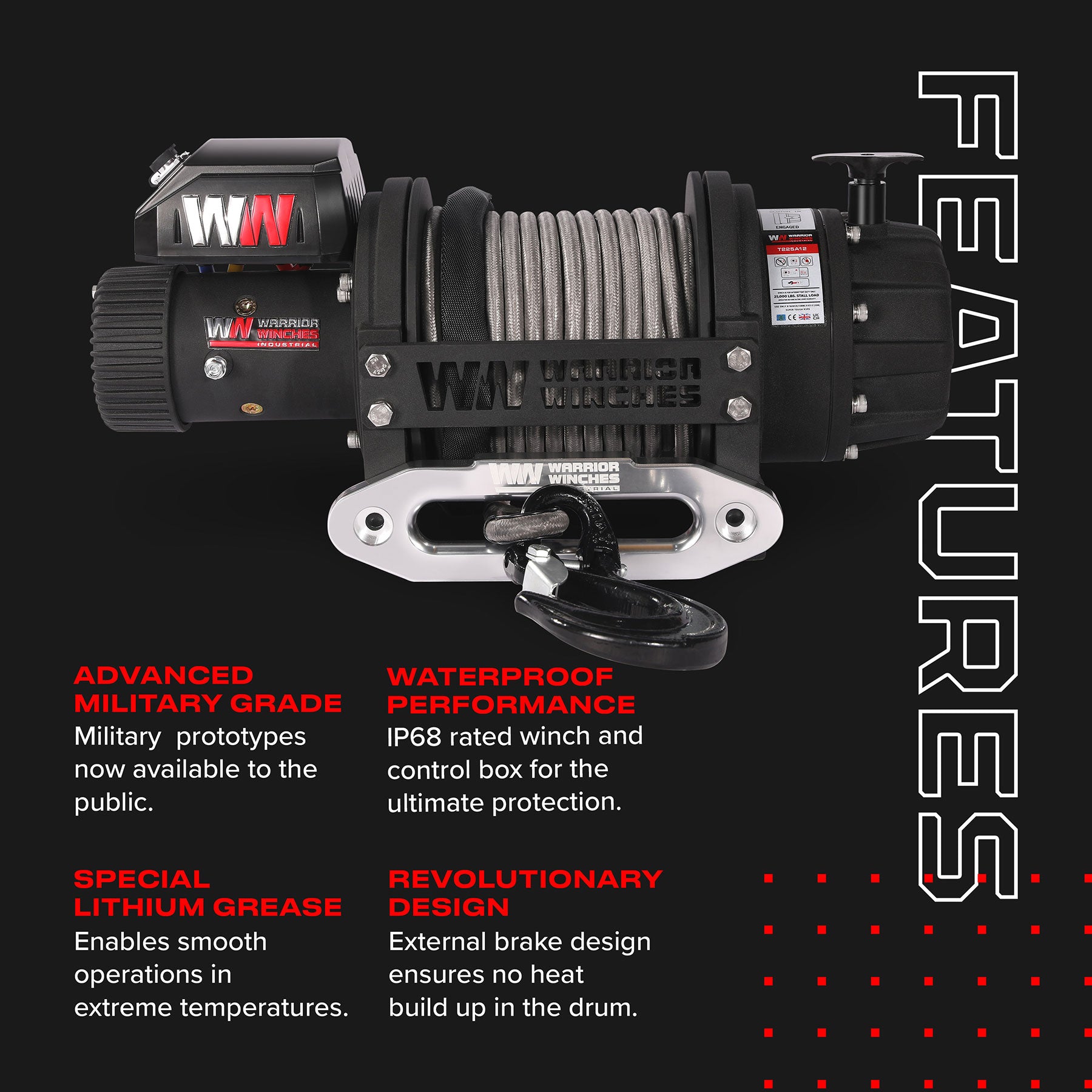 T1000 25000lb Electric Winch - 12v Synthetic Rope - Warrior Winches USA