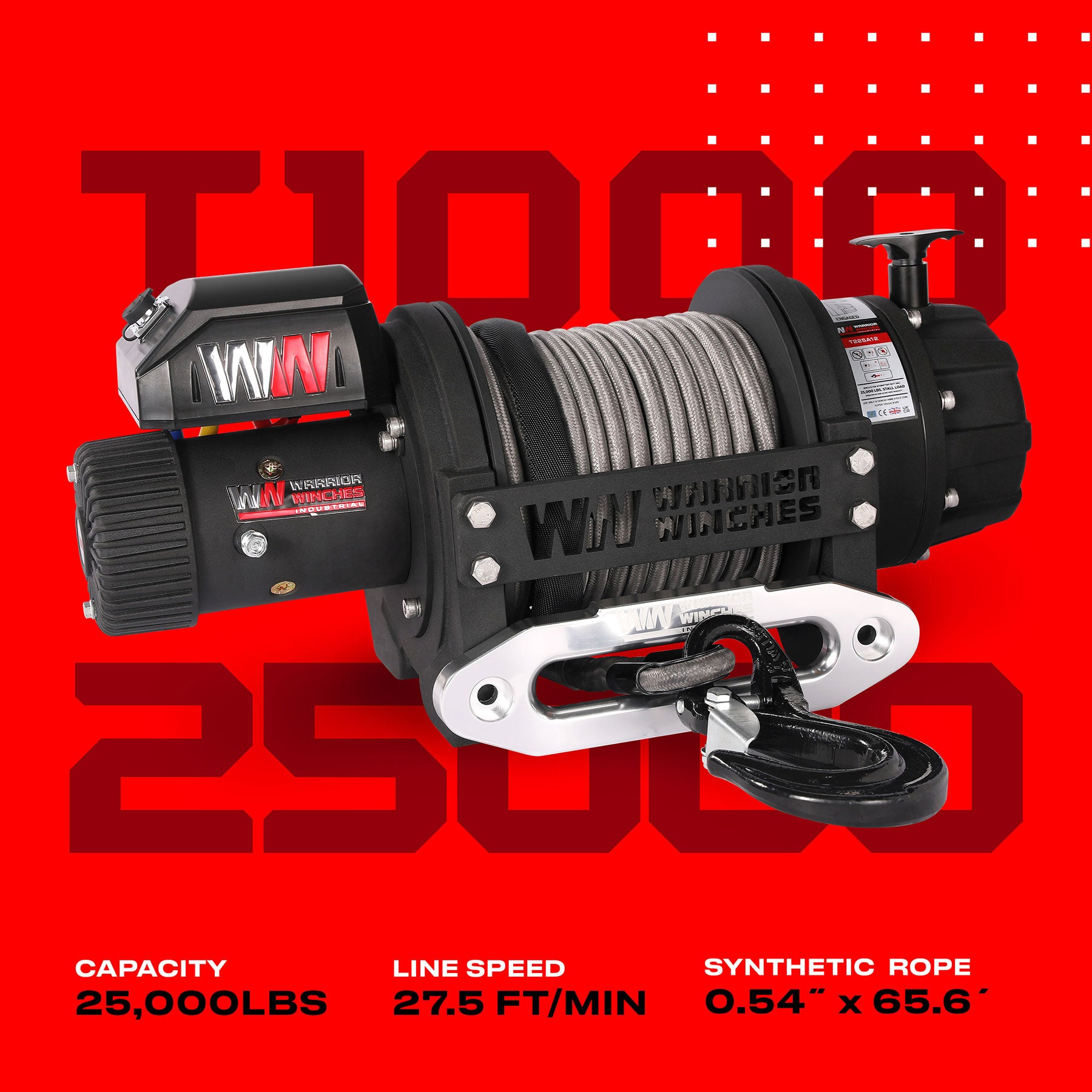 T1000 25000lb Electric Winch - 12v Synthetic Rope - Warrior Winches USA